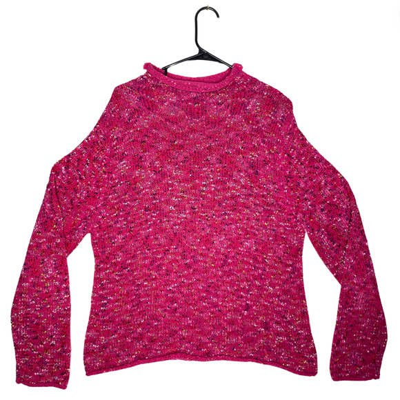 Rainbow Knit Pink Sweater Large Colourful Chunky Roll Neck Jumper Hippie Boho - Picture 2 of 13